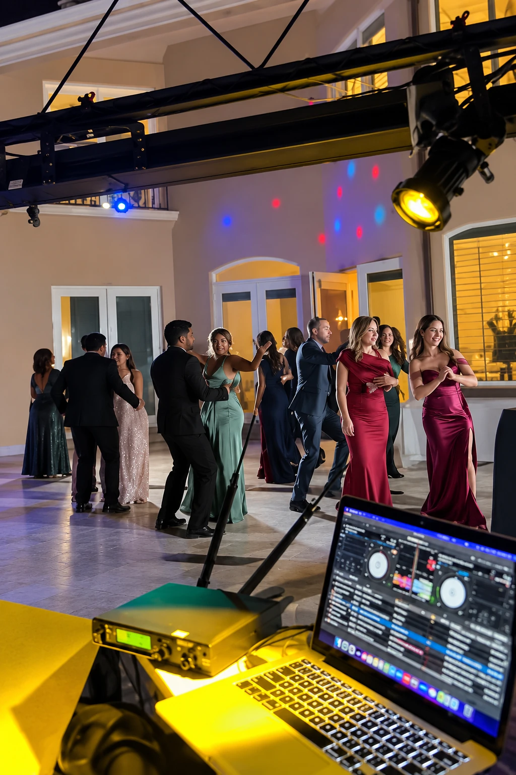 Guests dancing under colorful event lighting