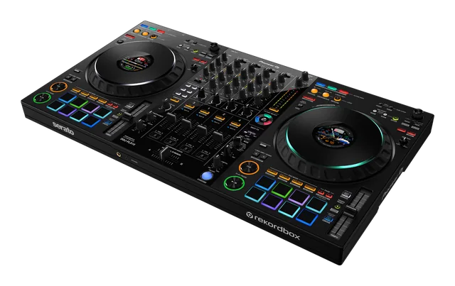 Angled view of the Pioneer DJ DDJ-FLX10 four-channel controller
