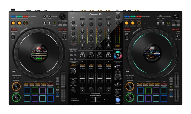 Top view of the Pioneer DJ DDJ-FLX10 decks and mixer controls