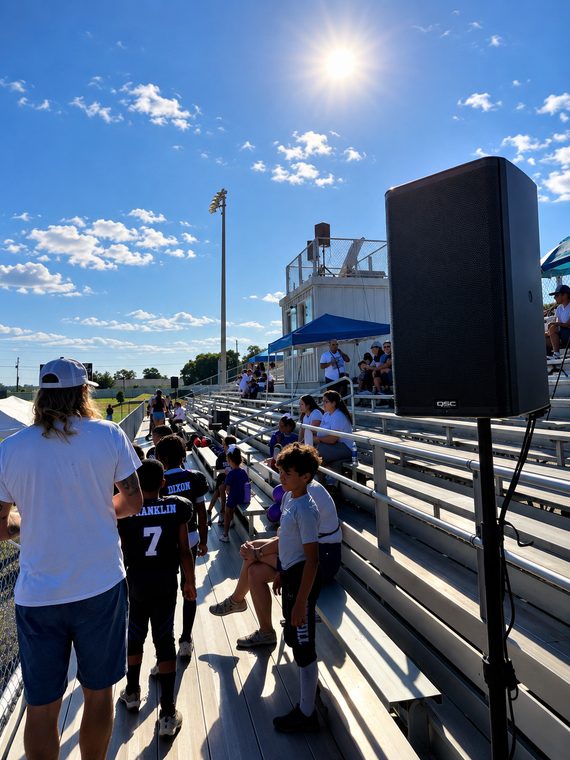 A QSC speaker positioned along the bleachers for clear community-event announcements.