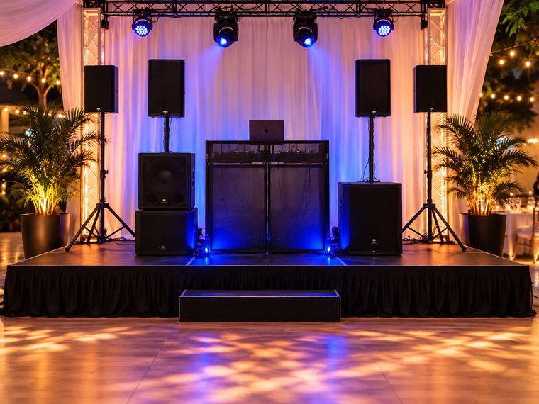 A complete DJ stage with four speakers, subwoofers, booth facade, moving-head lights and truss at an evening celebration.