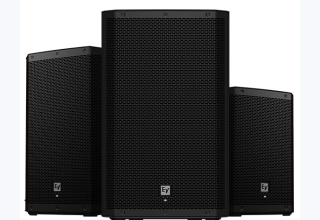 Altavoz activo Electro-Voice mostrado como ejemplo de equipo para eventos