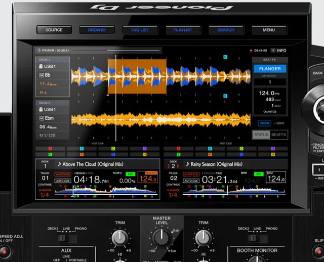 Pioneer DJ XDJ-RX3 touchscreen displaying track waveforms